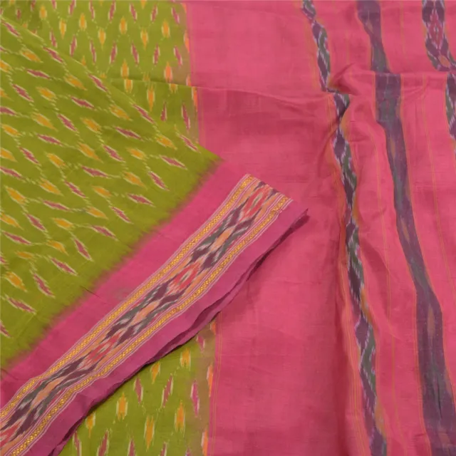 Sanskriti Vintage Pochampally Green Sarees Hand Woven Ikat Pure Silk Sari Fabric