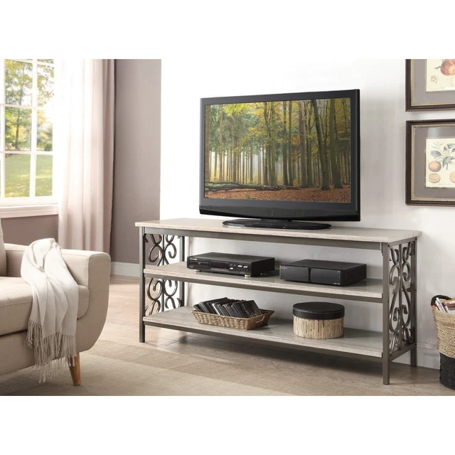 2 Tier Tv Stand Or Sofa Table With Marble Shelves, Cream And Gray- Saltoro