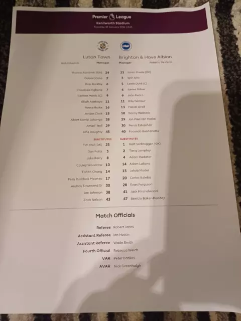 Luton Town v Brighton & Hove Albion, 2023-24, teamsheet