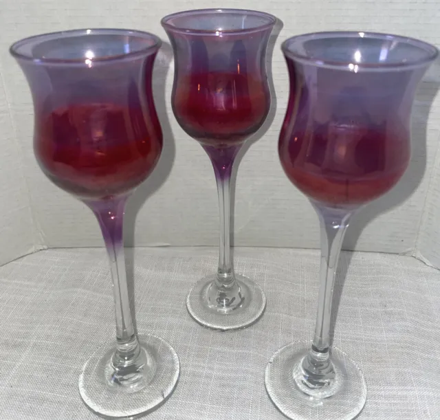 Partylite Royal Lustre Trio Purple Glass Stem Candle Holders 7" Tealight Votive