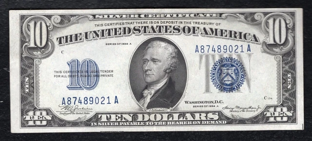 1934-A $10 Ten Dollars Silver Certificate Currency Note About Uncirculated