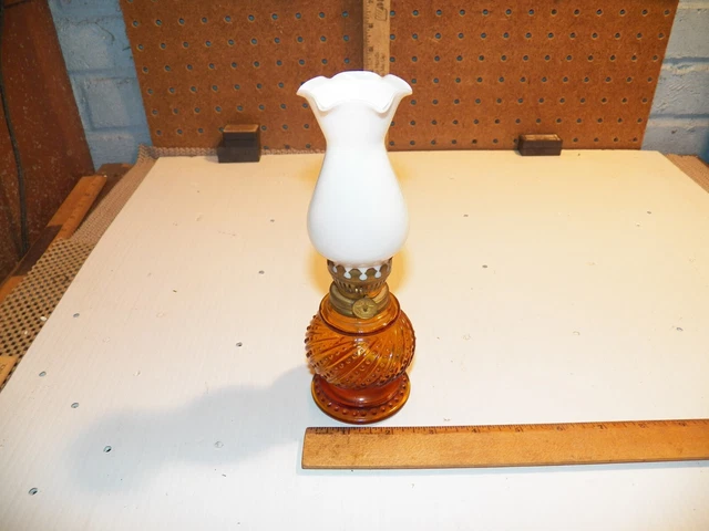 Vintage Miniature Beaded Swirl Amber Glass Oil Lamp w/ White Ruffled Shade