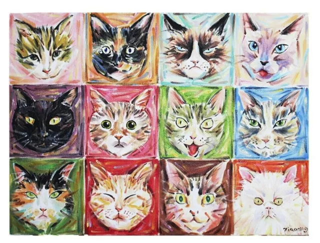 Quadro moderno dipinto a mano olio su tela - I VOLTI DEI GATTI opera originale