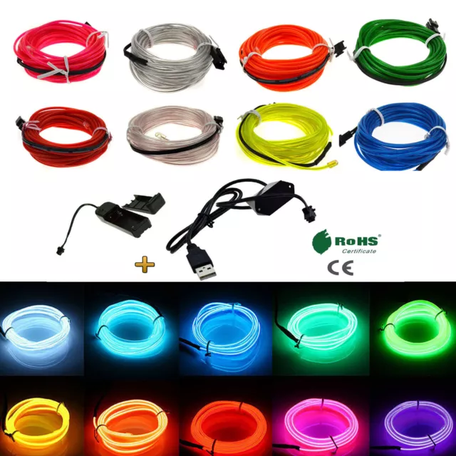 1M 5M LED Neon Glow EL Luce Filo Corda Corda Auto Arredamento Festa + Controller 3V 5V