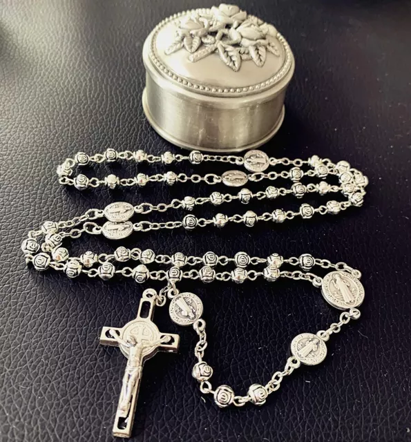 SILVER Rose bead St.Benedict Rosary Italy Crucifix catholic necklace cross box