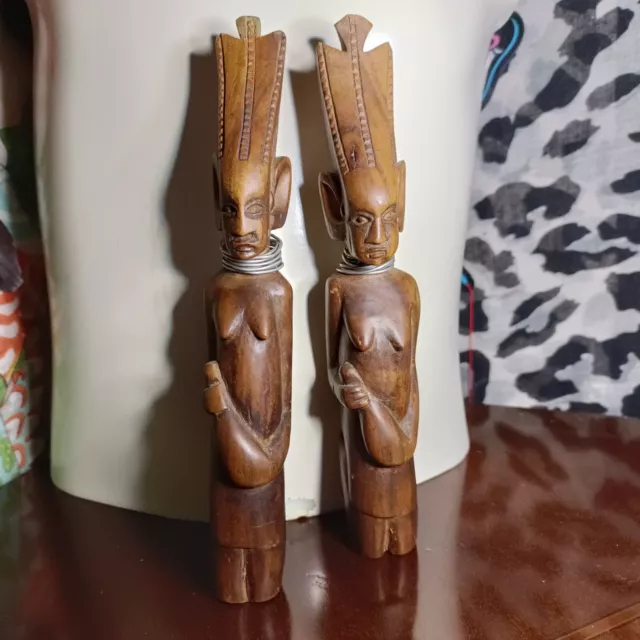 Pair African Tribal Hand Carved Wooden Figures  light wood, small 8inch