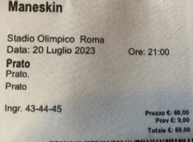 Concerto Maneskin - Roma 20/07/2023- 1 Biglietto PRATO