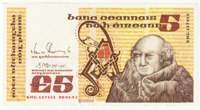 Ireland-Republic 5 Pounds Banknote 8 4 1993 Choice Very Fine Condition Pick#71-E