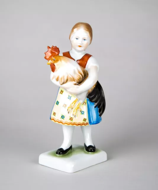 Herend Hand Painted Figurine #5568 Girl with Rooster Vintage Porcelain Hungary