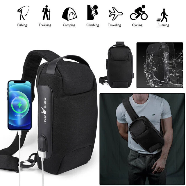 Mens Sling Crossbody Bags Anti-theft Chest Shoulder Messenger Backpack USB Port