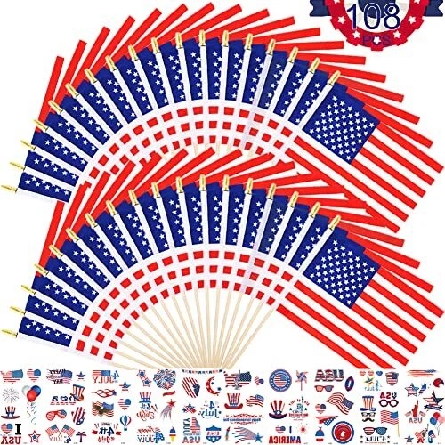 108Pcs Patriotic Party Favor of 36 Pack Small American Flags on Stick and 72