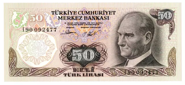 Turkey ...  P-188 ... 50 Lirasi  ..  L.1970 (1974) ... Choice  *UNC*  Prefix "I"