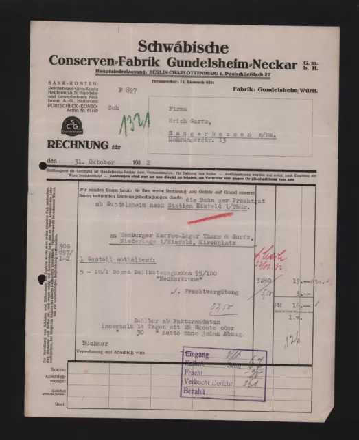 GUNDELSHEIM, Rechnung 1932, Schwäbische Konserven-Fabrik Gundelsheim/Neckar GmbH