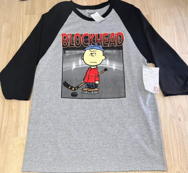 (M) PEANUTS Adult Bockhead CHARLIE BROWN Hockey Shirt PP SAMPLE  3/4 Sleeve Tee