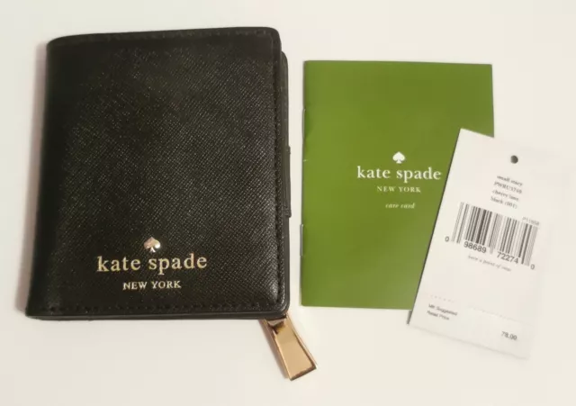 NWT Kate Spade Small Stacy Black Leather Wallet w Coin Pocket~Cherry Lane