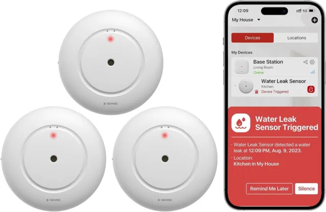 X-Sense Wi-Fi Smart Water Leak Sensor Detector Alarm, SWS51, 3-Pack