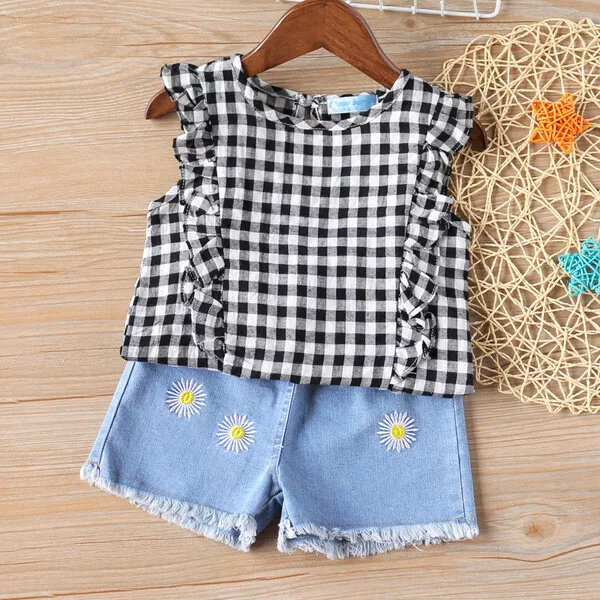 Completo Bimba bambina Maglia t shirt nero pantaloni corti denim jeans   B056