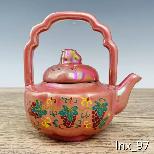 5.8" China old Porcelain Song Ru kiln mark Seven cai guang Grape grain teapot