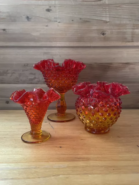 Fenton Glass Amberina Hobnail Collection Set Of 3 Compote Vase Beautiful Glow