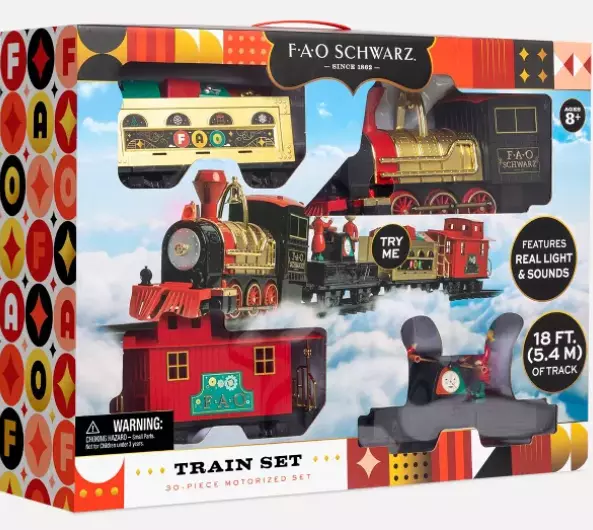 FAO Schwarz 30 Piece Motorized Train Set Real Lights & Sounds 18 ft Track NIP