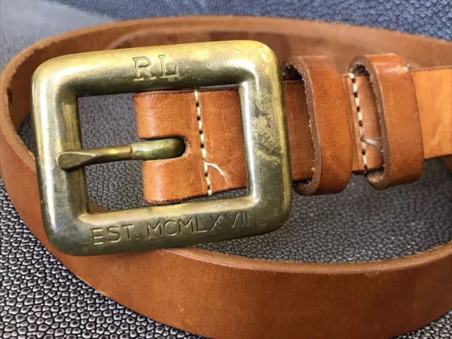 Vtg RL Ralph Lauren Brass Buckle Natural Tan Leather Belt Sz XS - S (26" to 30")