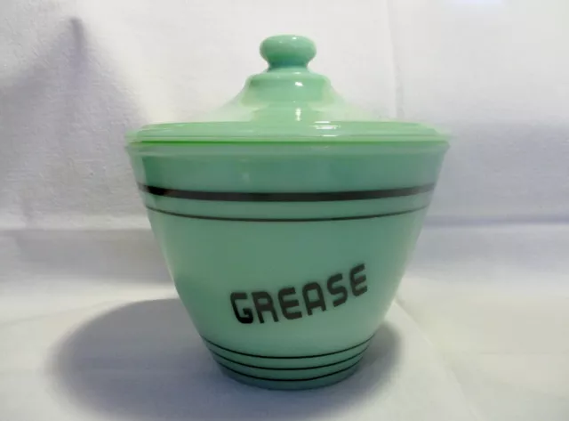 Jadeite Green Glass Black Letter Grease Jar & Lid in Excellent Condition