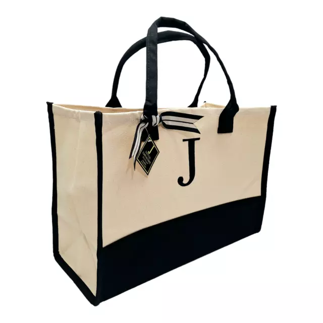 Mud Pie Classic Black and White Initial Canvas Tote Bag ( J ) 17" x 7.5" x 11.5" 2