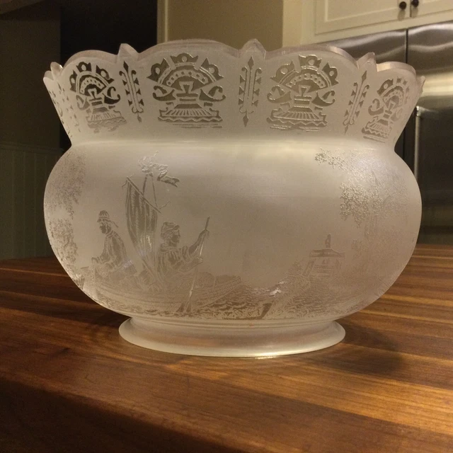 Antique Acid Etched Crown Floral Glass Shade 5” Gas Light Fisherman Victorian