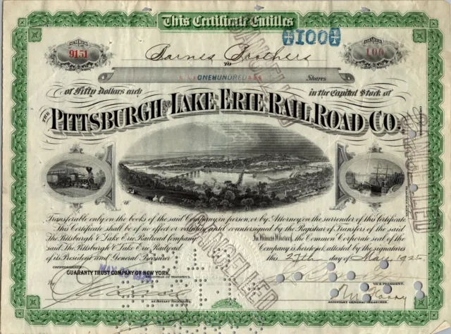 Pittsburgh Lake Erie Railroad Co Stock Certificate 1925  Barnes Brothers