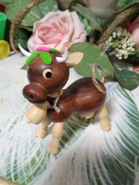 VINTAGE GOULA ADORABLE Handmade CARVED WOOD Cow Figurine Made In SPAIN