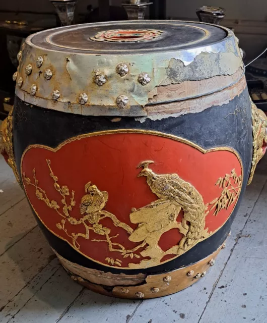 Antique Chinese Carved Rice Barrel - Traditional Wooden Lacquered Storage Basket