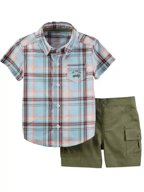Carters Infant Boys 2-Piece Blue/Olive Plaid Woven Shirt & Short Set 3m