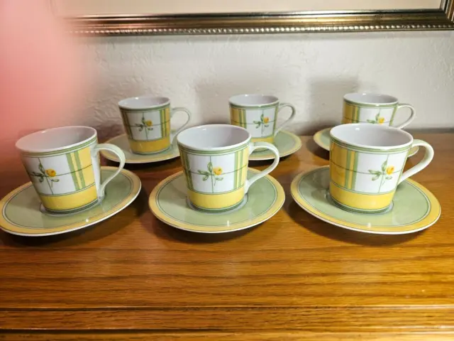 Set of 6 Mikasa ENGLISH ROSE Yellow-Green-Espresso-Demitasse Cups & Saucers EUC!