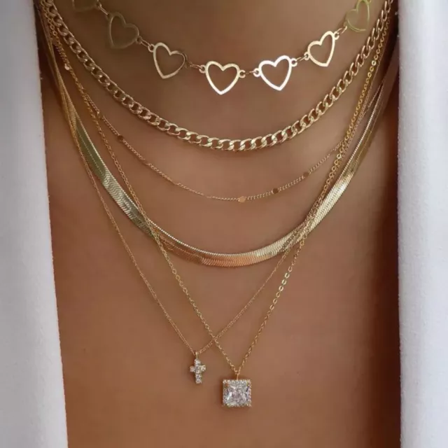 Multi-Layer Necklace Trendy Multi-Style Heart & Cross Choker Fashion Jewelry 88P