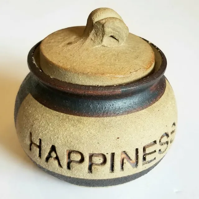 Vintage Pottery Jar HAPPINESS Stoneware Pot Lid Storage Cookie Trinket Hand Made
