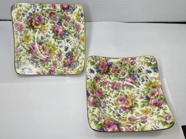 2 Gorgeous Royal Winton Summertime Chintz Floral Square Sauce / Dessert Bowls