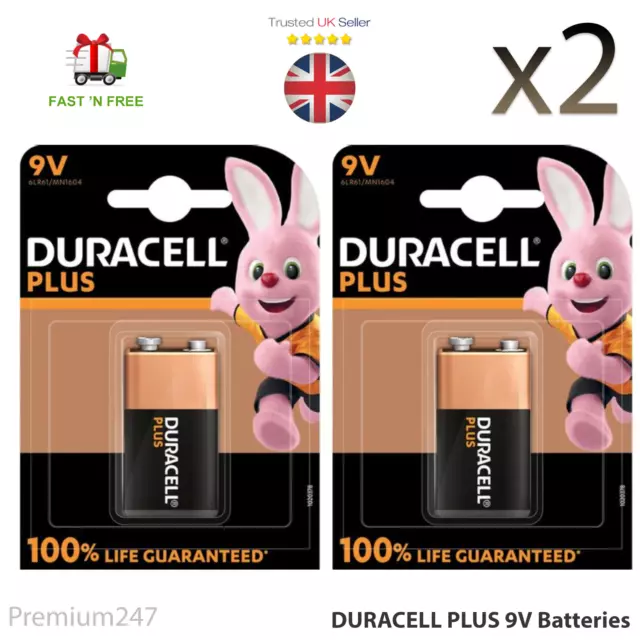 2 x Duracell 9V PP3 Plus Power Batteries, Smoke Alarms LR22 MN1604 6LR61 LONGEST