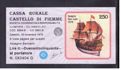 Miniassegno Cassa Rurale Castello Fiemme 250 Lire Velieri 16-11-1979 