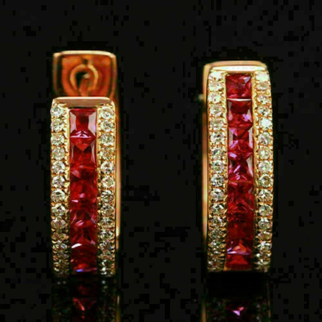 4Ct Princess Cut Red Ruby  Women's Hoop Earrings 14K Yellow Gold Plated Silver