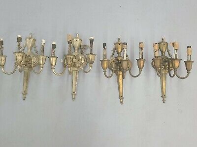 Set of 4 antique Cast BRASS WALL SCONCES, Tripple-Arm, Matching, heavy.