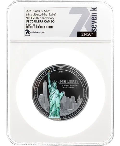 MISS LIBERTY PF70 20th Anniv 9/11 By MS 5 Oz Silver Coin 25$ Cook Islands 2021