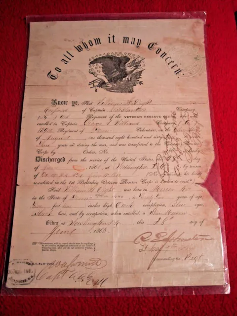 Original 1865 Civil War Discharge for New York Volunteer - Orlando Coster