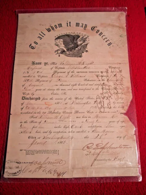 Original 1865 Civil War Discharge for New York Volunteer - Orlando Coster Original 1865 Civil War Discharge for New York Volunteer - Orlando Coster