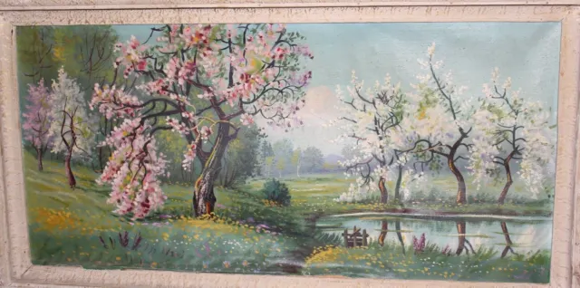 Antique European oil painting forest lake landscape