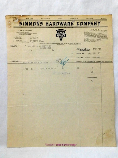 1917 Billhead Simmons Hardware Co. Keen Kutter Cutlery Sold To Norris & Lockett
