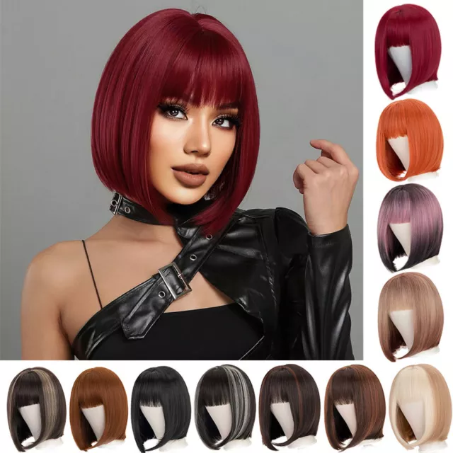 12" Women Short Bob Wigs Straight Synthetic Full Wig With Fringe for Daily Party