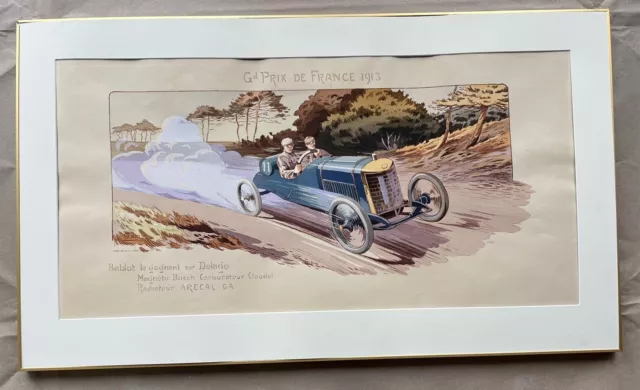 Lithograph hand-colored print Grand Prix de France 1913 Delage by Gamy Montaut