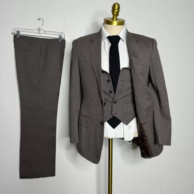 Vtg 3 Piece Double Breast Suit Mens Brown Solid 36R 31W Great Gatsby