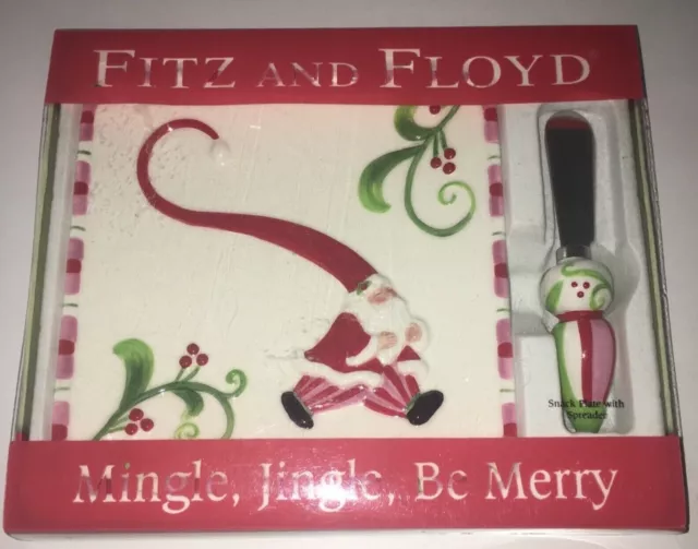 Fitz and Floyd Christmas Mingle, Jingle, Be Merry Snack Plate w/ Spreader NIB