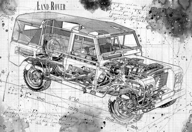Line Tech Drawing   Land Rover    Auto Car Classic Cutaway Art Poster Print